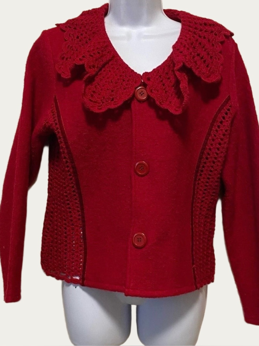 Lisa International Vtg Fitted Sweater Red Boiled Wool Crochet Ruffled Cardigan
